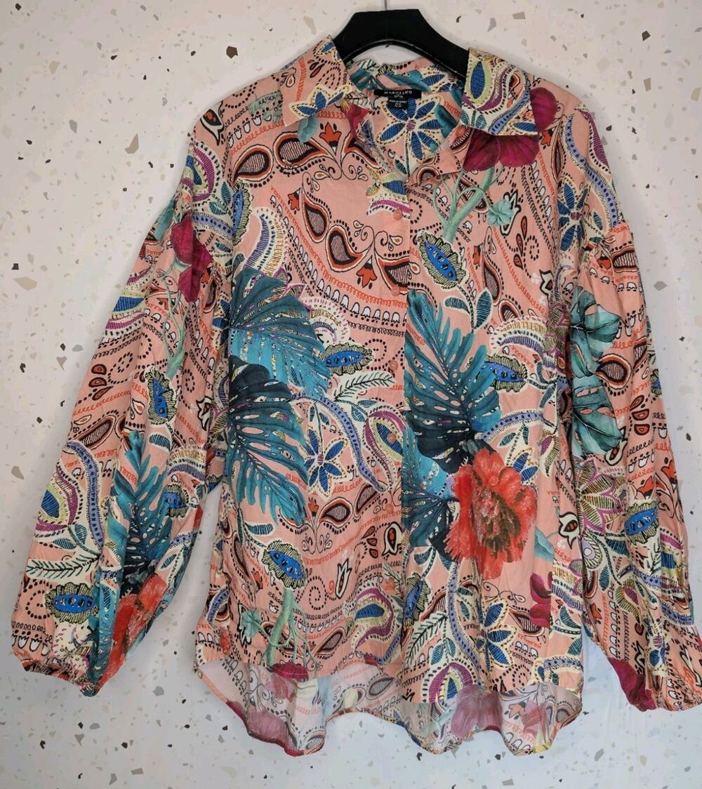 Marciano By Guess Amazonia Bright Tropical Jungle Floral Print Puff Sleeves Med